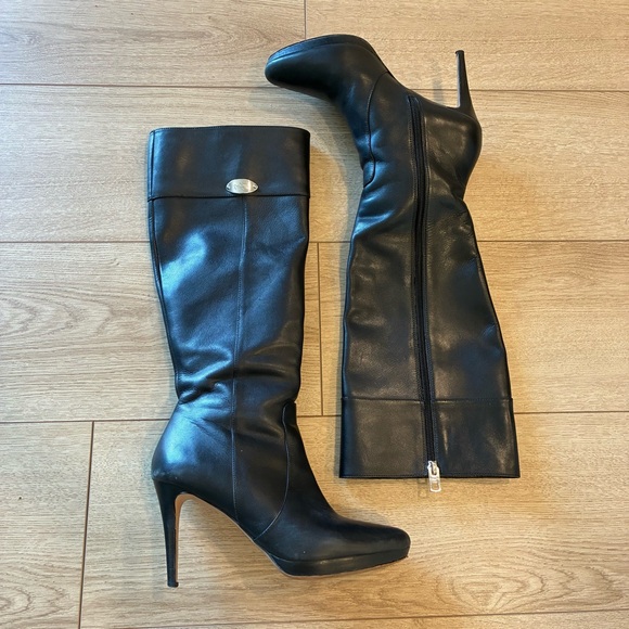 Coach Grace Black Leather Heeled Knee High Boot Size 8 - Picture 1 of 11